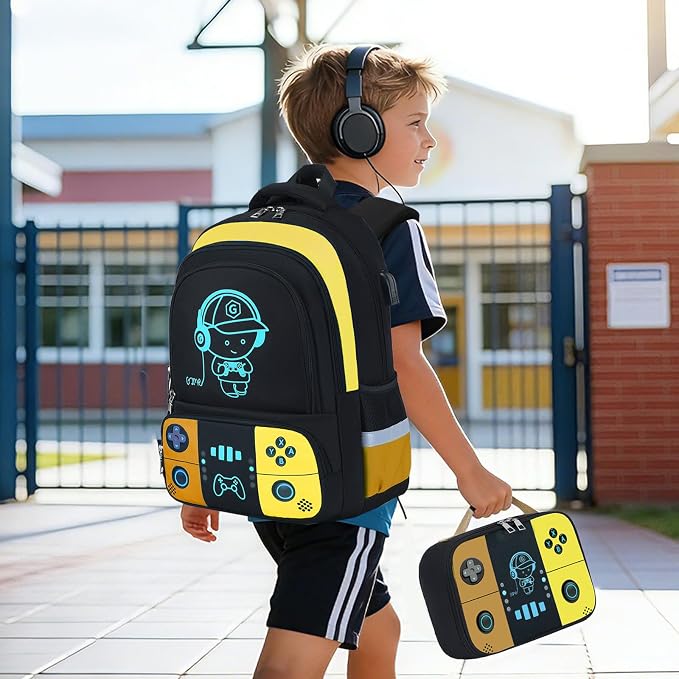 Bevalsa Backpack for School Boys, Cool Luminous Gamer Boys Schoolbag with Lunch Box & Pencil Case Set for Kids Teens Elementary Middle School, Bookbag Glow In The Dark(Orange Backpack) - Image 8