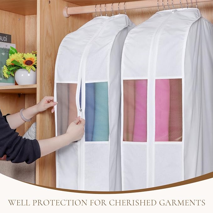 Univivi Premium Cotton Garment Bags for Hanging Clothes and Storage, 60 Inch Washable Dress Bags for Gowns Long, Full Zipper Dust Cover with Extra Large 10" Gusset & Clear Window - 2 Pack - Image 5