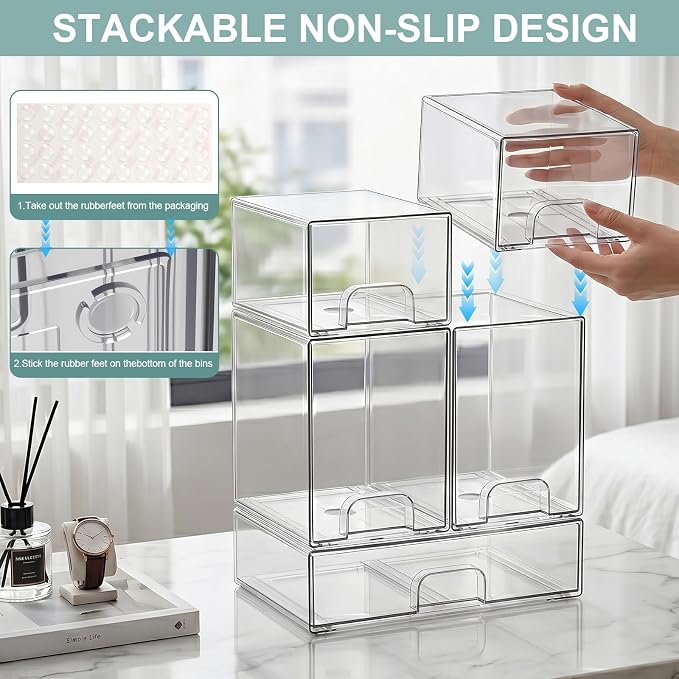 POLRAI 5 Pack Baby Bottles Organizer with Brush and Hooks, Stackable Acrylic Storage Boxes for Baby Bottles, Makeup, Small Items, Clear Storage Containers for Kitchen, Bathroom, Bedroom, Cabinet - Image 6