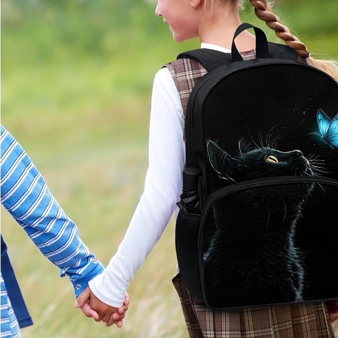 Black Cat Blue Butterfly Girls School Backpack Bookbag for Kids Student Backpack Schoolbag Daypack Insulated Lunch Tote Bag Water Bottle Pen Pouch Pencil Case School Book Bag for Girls Teens - Image 7