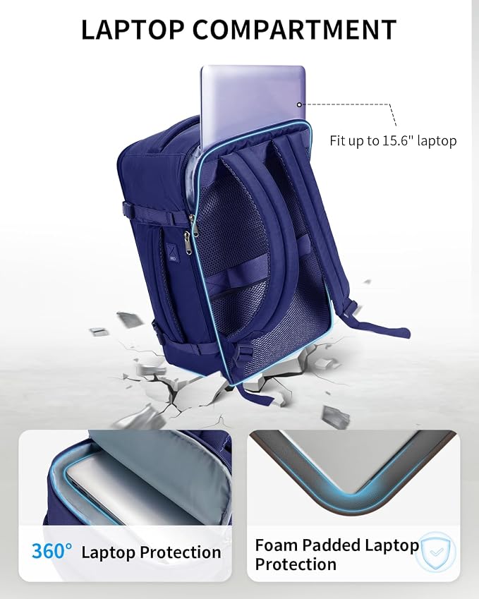 ECOHUB Travel Backpack for Men Women, Carry on Backpack with USB Charging Hole, Spirit Airlines Personal Item Bag Flight Approved, 15.6 Inch Laptop Backpack with Anti Theft Pockets, 30L, Navy Blue - Image 4