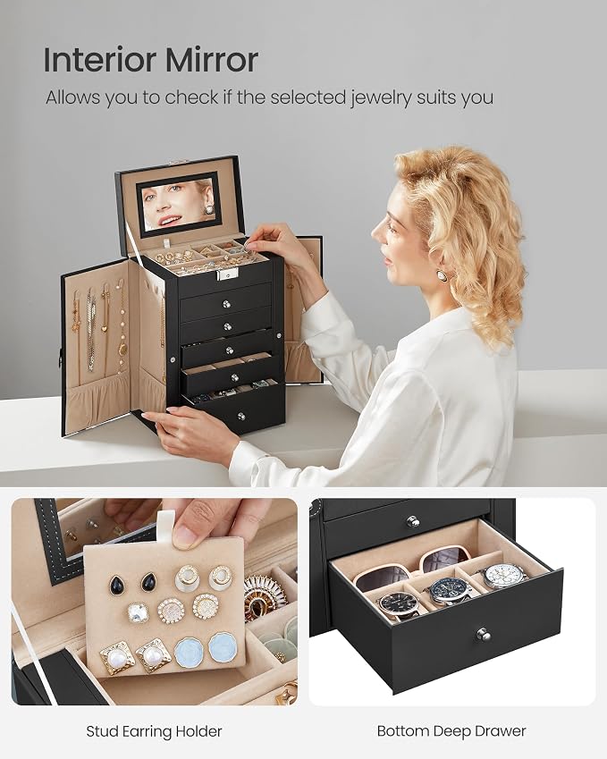 SONGMICS Jewelry Box Organizer, 6-Layer with 5 Drawers, Black | Jewelry Storage Case with Lock and Mirror, Large Storage Capacity, for Necklaces, Watches, Gift for Loved Ones UJBC152B01 - Image 5