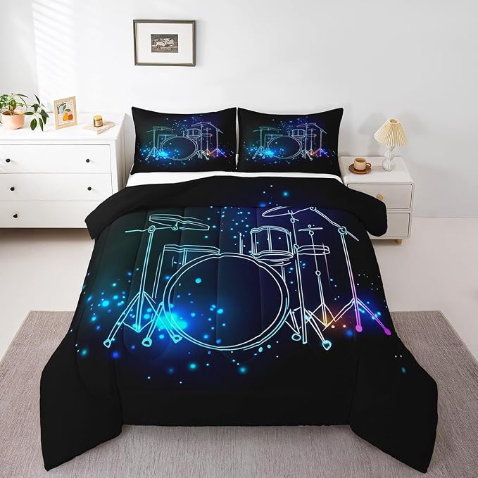 Erosebridal Teens Drum Kit Comforter Set, Kids Boys Hip Hop Bedding Set, Rock Music Theme Quilted Duvet Grunge Style Lightweight Down Comforter for Youth Teenage Bedroom Decor, Blue Bedclothes, Queen - Image 3