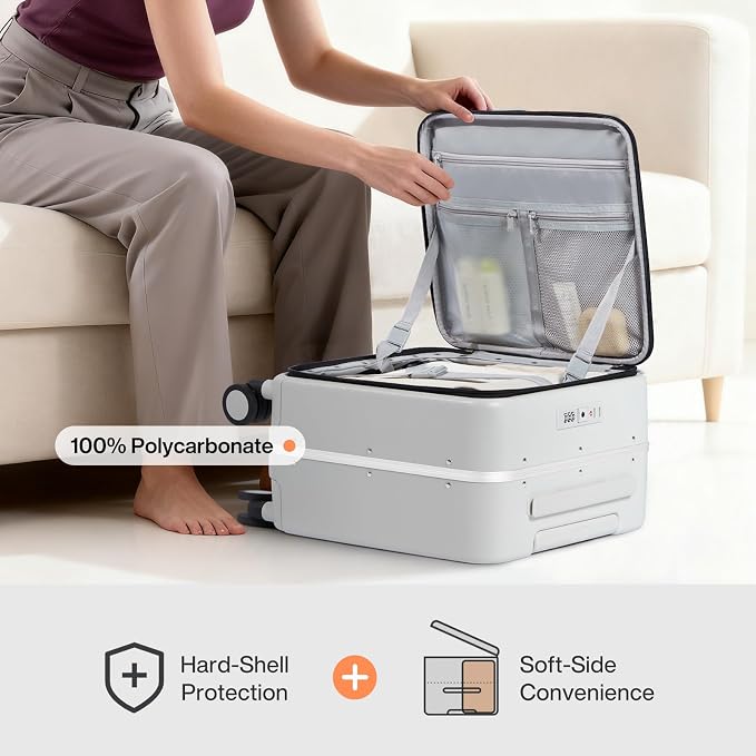 mixi 17x14x9 Carry On Luggage Underseat PC Hard Shell Suitcase Top Opening Aluminum Frame Travel Suitcases with Wheels, Smoke White - Image 4