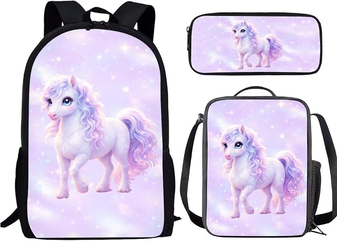 Forchrinse Horse Backpack and Lunch Box for Girls 8-10 3 PCS Bookbag with Lunch Bag Pencil Case Elementary School Back Pack Kids Primary Book Bags by Forchrinse