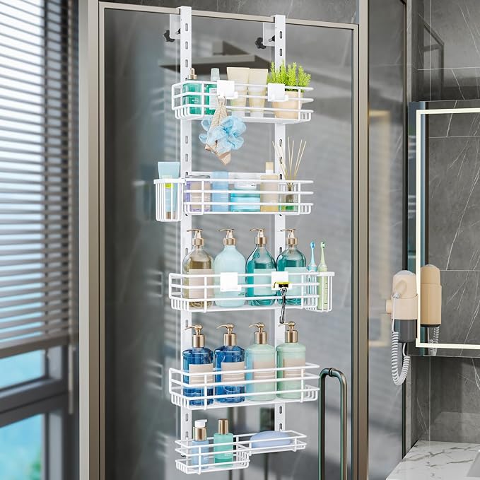 Consumest Over The Door Shower Caddy - 5 Tier Adjustable Shower Organizer Hanging with 2 Toothbrush Holders & 4 Hooks, Rustproof Organizer Shelf, Storage Rack for Bathroom, White by Consumest