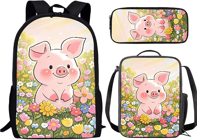 Forchrinse Kids Backpacks for Girls 3Pcs Pig Backpack Set with Lunch Box Pencil Case Kids 17 Inch Bookbag for Kindergarten/Elementary/Preschool by Forchrinse