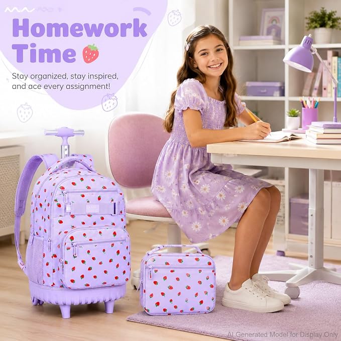 3Pcs Rolling Backpack for Girls, School Roller Bookbag with Wheels, Strawberry Wheeled Backpacks Set for Women (Purple) - Image 7