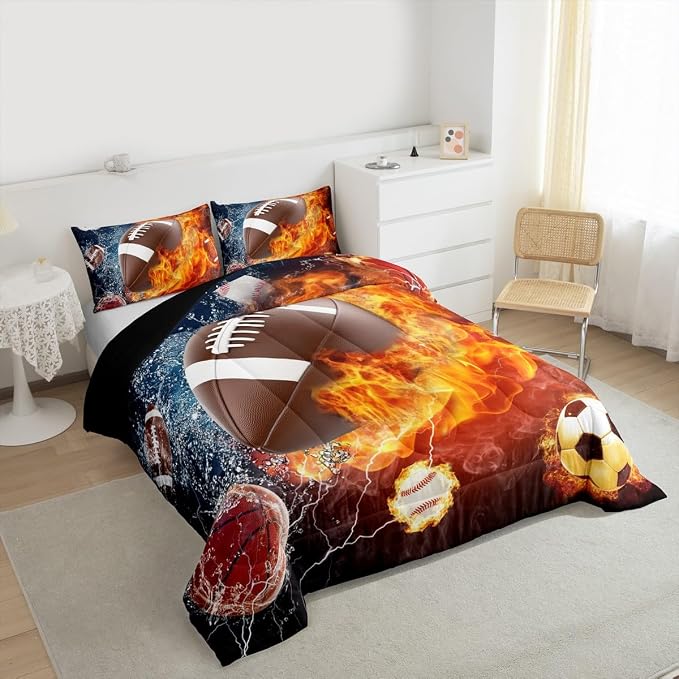 Erosebridal Football Comforter Twin Rugby Sports Bedding Set for Teen Boys Girls Kids,Soccer Basketball Baseball Comforter Red Blue Water Fire Lightning Quilt Duvet Insert Bedroom Decor 1 Pillow Case - Image 6