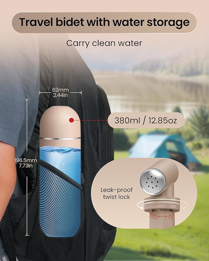 Portable Bidet for Travel & Camping - Manual Squeeze Handheld Peri Bottle for Feminine Hygiene, 3 Leak-Proof Seals, Extendable Sprayer with Rotating Nozzle for Men & Women (Khaki, General)