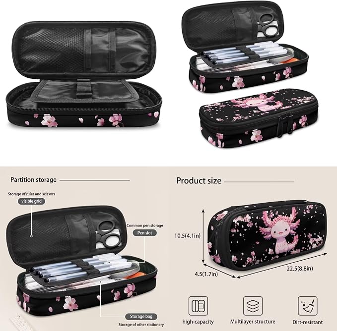 Cartoon Axolotl Schoolbag Set with Lunchbox Pencil Case Water Bottle Sling Bag for Girl,4pcs Cherry Blossom Axolotl Backpack for Elementary Middle School Students,Casual Daypack 17 Inch - Image 2