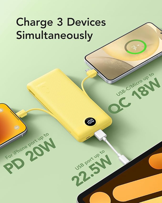 VRURC Portable Charger with Wall Plug, 10000mAh Slim Portable Charger Built in Cables,PD 20W Fast Charging Power Bank with Cords,USB C Portable Phone Charger Travel Accessories -Yellow(1 Pack)