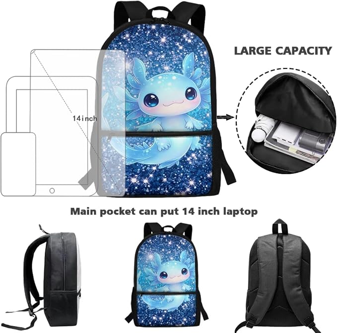 Glitter Axolotl 4-Piece Kids Backpack Set – No Extra Purchases Needed! 17'' School Bag with Insulated Lunch Bag, Pencil Case & Water Bottle Pouch, Lightweight Bookbag for Girls Age 6-12 - Image 4