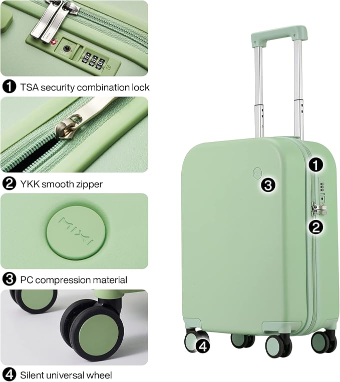 mixi Carry on Luggage, 20'' Suitcase Spinner Wheels Luggage Hardshell Lightweight Rolling Suitcases PC with Cover & TSA Lock for Business Travel, Avocado Green - Image 4