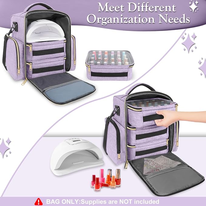 YOREPEK Nail Polish Organizer with 3 Removable Pouches & 72 Slots, Purple | Nail Polish Storage with Multiple Storage Sections for Nail Lamp, Manicure Set, Holds 72 Bottles, Gifts for Manicurist - Image 5