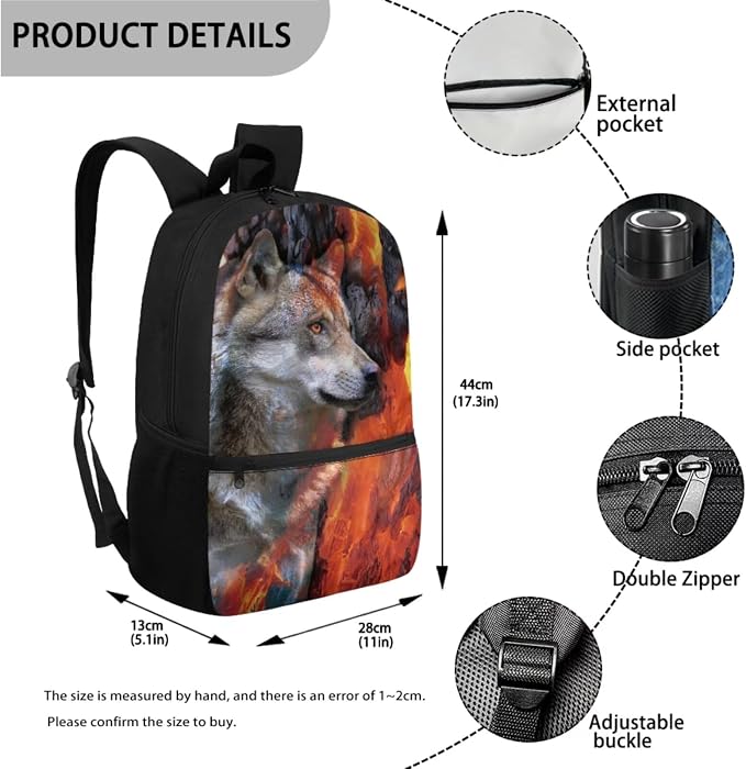 Wolf Lava Fire Print Backpack Set for Student Schoolbag Lightweight Bookbag Lunch Box Pencil Case Fashion 17 Inch Travel Laptop Backpacks Rucksack Daypack with Adjustable Straps - Image 2