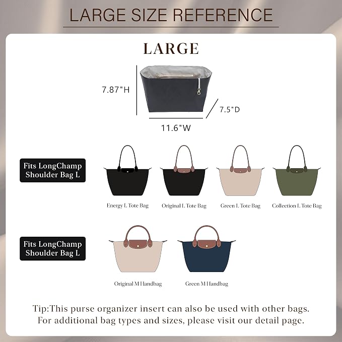 Doxo Purse Organizer Insert for Longchamp Le Pliage Large, 6-Compartment Bag Organizer with YKK Zipper Pocket, Cup Holder, Key Chain, Waterproof DupontPaper Lightweight Handbag Shaper (Black Beige,L) - Image 2