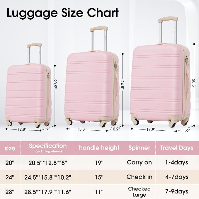 Merax 3 Piece Luggage Set,Hardside Suitcase Set,Expandable Luggage with TSA Lock,Lightweight Durable Travel Carry on Suitcase with Wheels 20+24+28 inch(White Pink) - Image 3