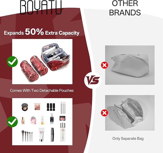BOYATU Travel Makeup Bag for Women: Y2K Aesthetic Personalized Glossy 3 Pcs Set Cosmetic Organizer Bag - Trendy Statement Toiletry Pouches for Forward Women - Stand Out at Festivals & Trips(D-4-Red) - Image 3