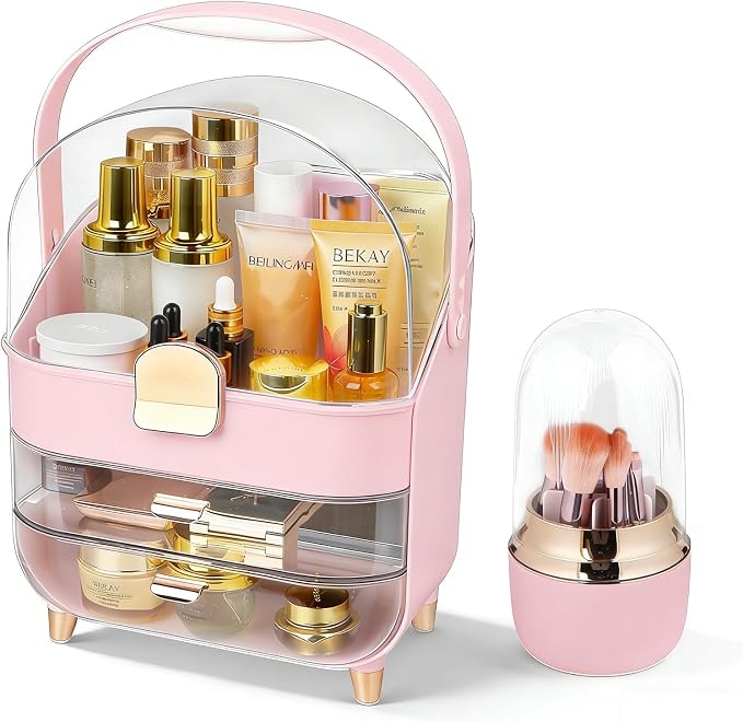 Makeup Organizer with 360 Rotating Brush Holder, Large Skincare Organizer for Vanity, Dustproof Cosmetic Display Case with 2 Drawers for Bathroom Countertop, 16" Tall Portable Beauty Storage,pink by Mikoy