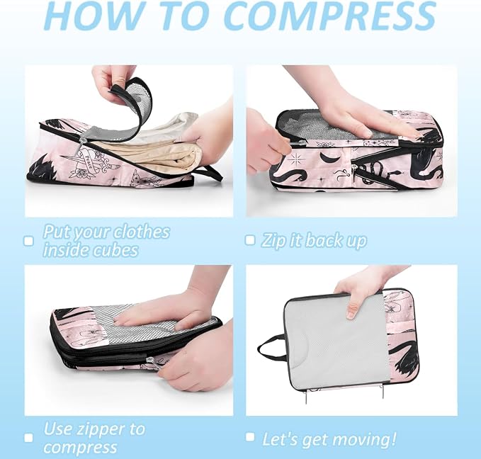 Boho Compression Packing Cubes Set (7 Piece) - Sun Moon Stars | Ultra-Lightweight, Celestial Pattern Travel Organizer Bags, Essential for Clothes, Shoes, Cosmetics & Toiletries, Dark - Image 3