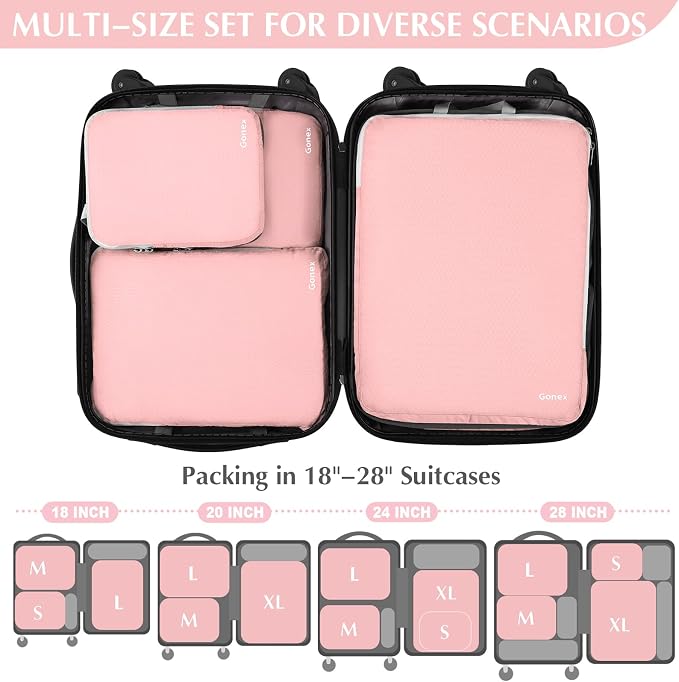 Gonex Compression Packing Cubes, 4pcs Expandable Storage Travel Luggage Bags Organizers (Pink) - Image 5