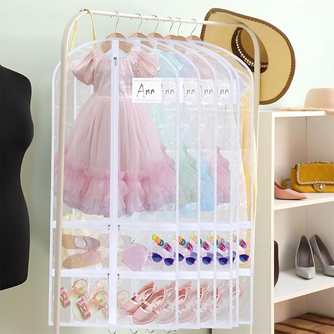 6 Pcs 24'' x 50'' Clear PVC Garment Bag Dance Costume Competition Bag with Rack Zippers Pockets Hanging Garment Covers Costume Organizer Costume Carrier for Adults Kids(Transparent White) - Image 6