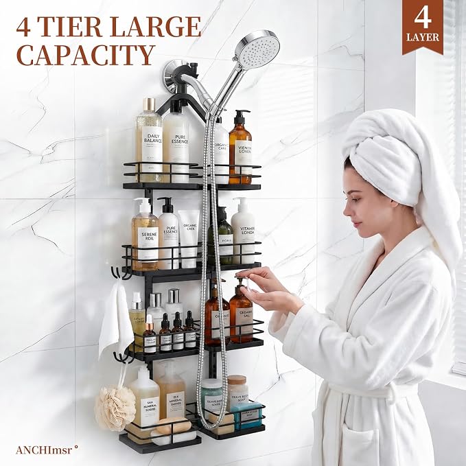 4-Tier Adjustable Hanging Shower Caddy for Handheld Showerhead, Black | Rustproof Shower Rack Baskets, Anti-Swing Hanging Shower Organizer for Bathroom Storage with 2 S-Hooks, Large Capacity - Image 9