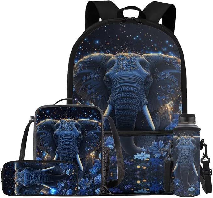 Aesthetic Elephant Backpack for Kids Girls Backpack with Lunch Box Water Bottle Holder and Large Pencil Case 4PCS Set 17 inch Bookbag with Front Pocket Lightweight School Bag with Side Pocket by ELEDIZI
