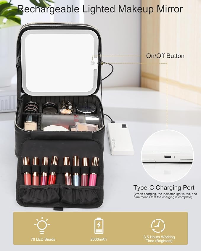 Chomeiu Makeup Bag with LED Mirror, 2 Layer Travel Makeup Case for Women and Makeup Artists Cosmetic Organizer Large Make Up Bags, 3 Color Lights, Adjustable Dividers and Brush Holder - Image 5