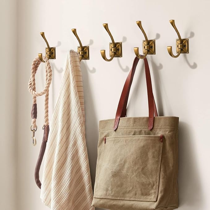 Large Wall Hooks 5 Pack Antique Brass Coat Hooks Hardware Towel Hooks for Hanging Coats 4.35 Inch Double Robe Hooks Wall Mounted with Screws for Key, Towel, Bags, Cup, Hat - Image 4