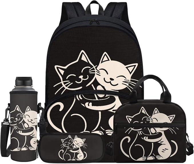 Cartoon Cat Black Backpacks for Boys Girls School Bookbag Kids Daypack Insulated Lunch Tote Bag Pencil Pen Case Water Bottle Cup Cover for Travel Office Hiking Work Camping, 4 Piece by Jndtueit