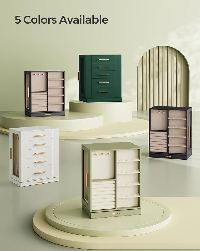SONGMICS GISELLA Collection - Jewelry Box Organizer 360° Rotating, Vertical Jewelry Storage Case with 5 Drawers, Glass Window, Spacious, Open Design, Great Gift, Laurel Green UJBC170C02 - Image 6