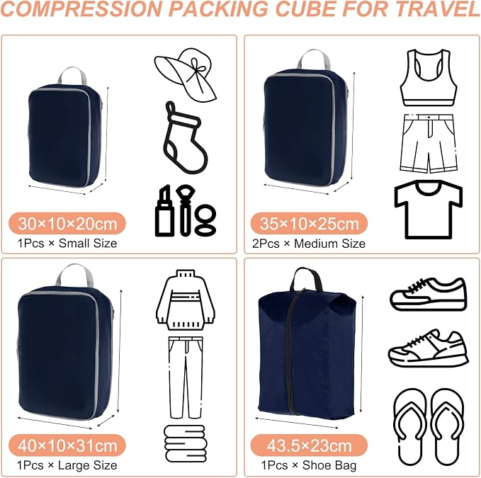 PATIKIL Compression Packing Cube for Travel, 5 Set Waterproof Travel Packing Cube Compression Nylon Luggage Organizer Bags Shoe Bag for Suitcases Backpack, Navy Blue - Image 2