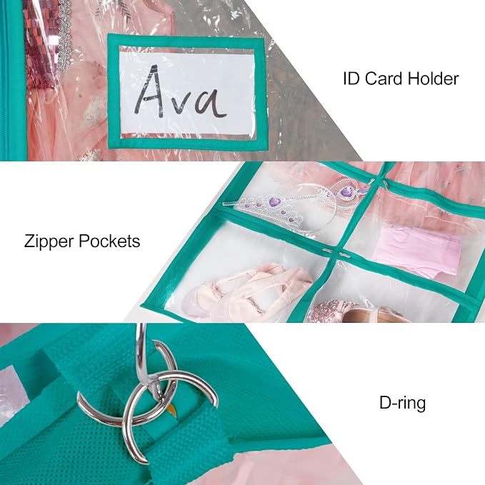 Univivi Clear Blue-Green PVC Dance Costume Garment Bag 40 Inch For Dance Competitions With 4 Medium Zipper Pockets And 1 Large Back Zippered Pocket (12 Pack, Clear Blue-Green) - Image 4