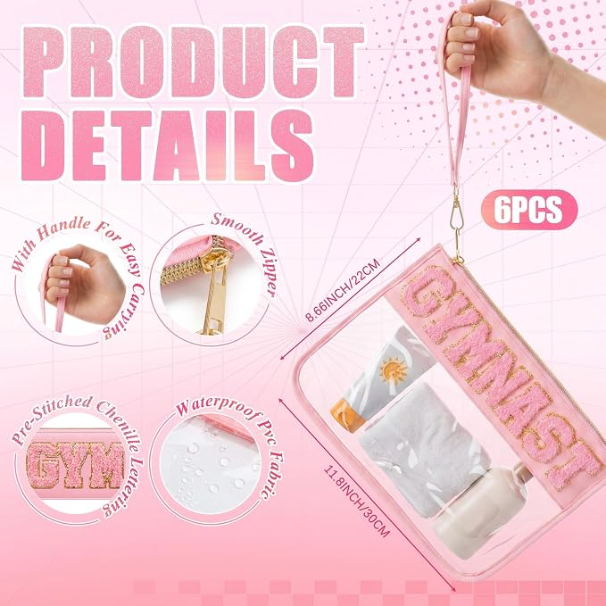 6 Pcs Gymnastics Gifts Cosmetic Makeup Bags, Pink Clear PVC Zipper Pouch with Chenille Letter Patch, Waterproof Travel Toiletry Storage Bag for Team Girls Women Party Favor - Image 2