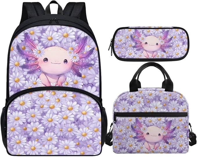 Axolotl Kid Backpack for Girls 8-10 Elementary School 3 Pcs School Bag Set with Lunch Box and Pencil Box Cute Bookbag for Travel Sports by Vanideaoty