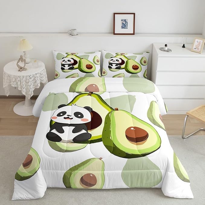Kids Cute Panda Bedding Set Twin Kawaii Avocado Comforter Set for Boys Girls Bedroom Dorm Decor,Fruit Cartoon Exotic Animal Bedding Comforter Sets Giant Panda Bed Quilt Sets 2 Pcs Green Black White - Image 2