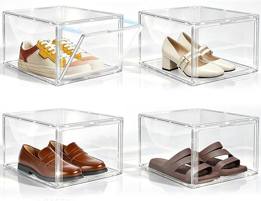1 Pack Drop Front Acrylic Shoe Boxes with Magnetic Door Size 12, Clear Stackable Shoe Organizers Sneaker Display Cases for Closet, Entryway, Underbed, Multiple Display Cases for Caps, Figures by EDSFAM