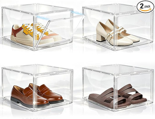 2 Pack Drop Front Shoe Boxes Acrylic Box Sneaker Case Size 12, Transparent Display Cases for Sneaker Collections, Baseball Caps, Hat Organizer Dust-free Shoe Cubbies Stackable Sneaker Boxes by EZJOB