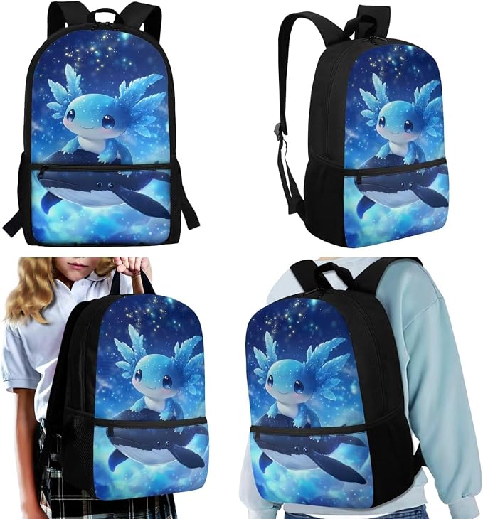 Killer Whale Axolotl Backpack with Lunchbox Blue School Bag 17 Inch Primary Students School Backpack and Pencil Case and Water Bottle Holder 4-in-1 Travel Camping Hiking Rucksack - Image 2