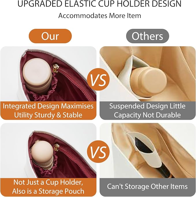 Dupont Paper Brooklyn 28 Bag Insert, Lightweight Purse Organizer for Coach Brooklyn 28 Shoulder Bags, Handbag Inner Divider Shaper with Elastic Cup Holder Smooth Zipper, White&Merlot - Image 5