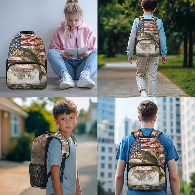 Bass Fishing Backpack 4 Pieces American Flag School Backpack with Lunch Bag Handbag Pencil Case Water Bottle Sling Bag Elementary Middle Rucksack Travel Bookbag - Image 3