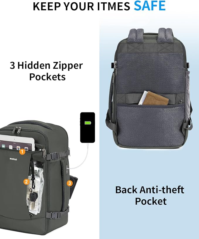 ECOHUB Travel Backpack for Men Women, Carry on Backpack with USB Charging Hole, Spirit Airlines Personal Item Bag Flight Approved, 15.6 Inch Laptop Backpack with Anti Theft Pockets, 30L, Grey Green - Image 5