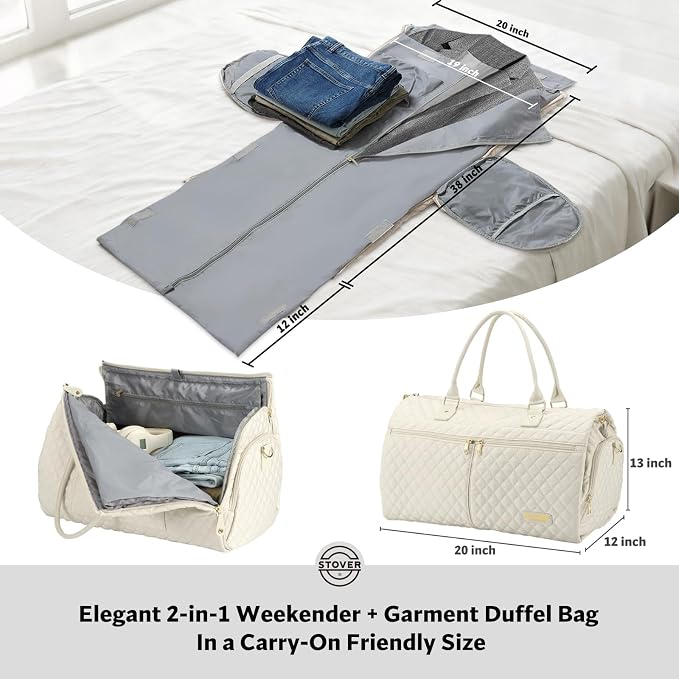 STOVER Women’s Convertible Garment Duffel Bag for Travel – 2-in-1 Carry-On Weekender/Overnight Tote - Wrinkle-Free Dresses, Suits & Clothes + Shoe Compartment & Bonus Toiletry Bag (Cashmere Cream) - Image 2