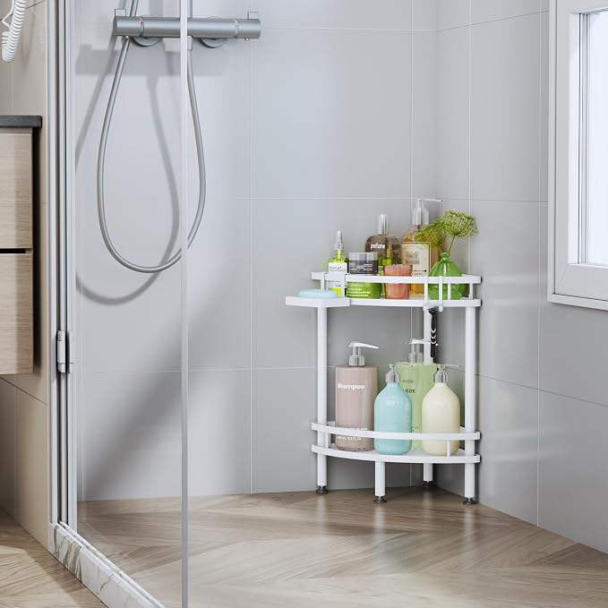 HapiRm Standing Corner Shower Caddy - 2 Tier Shower Organizer Corner with Soap Holder and 4 Hooks, Rustproof Bathroom Storage Shelves with Adhesives, White - Image 7