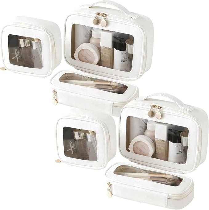 2 Complete Sets of 3-Size Makeup Bags | Premium Transparent & Waterproof Cosmetic Organizer Storage Bag | Travel Toiletry & Skincare Storage Set (White, L+M+S) by LAZYTAIL