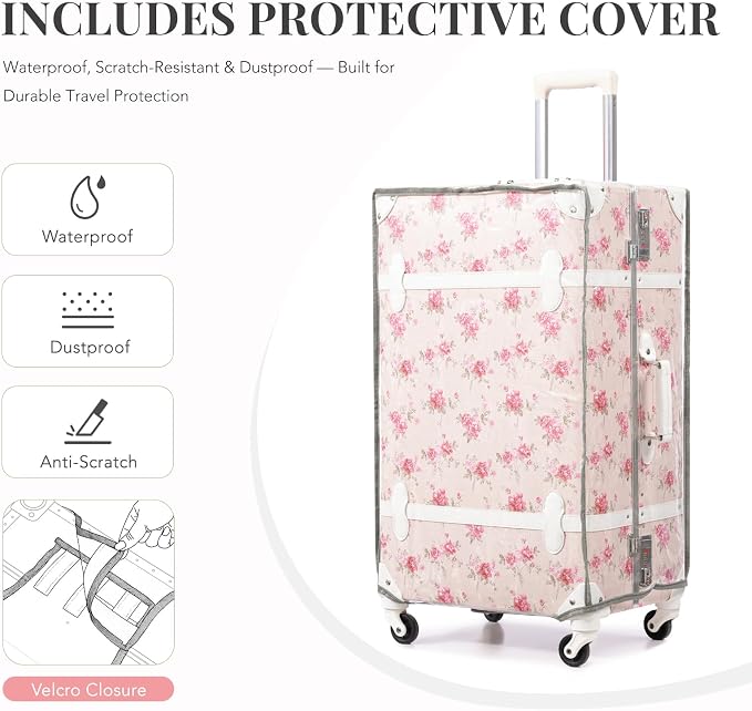 urecity 20" Blush Camellia Vintage Luggage Set 2 Piece, Aluminum Frame Retro Suitcase for Women, Vegan Leather Carry On Trunk with Cosmetic Case, TSA Approved (Include Clear Cover) - Image 7