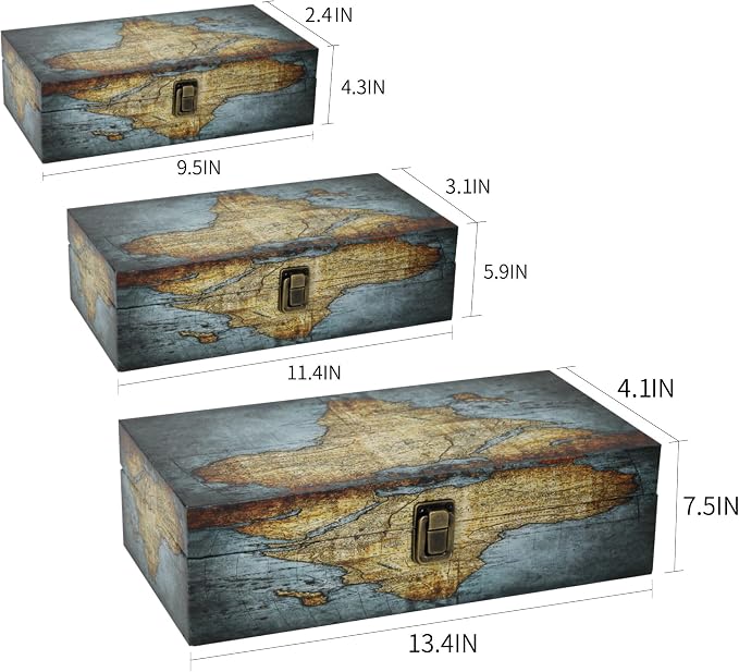 Jolitac Wood Storage Box Set of 3, Vintage Decorative Nesting Boxes Wooden Treasure Storage Crates With Latch, Home Decor Rustic Antique Boxes With Lid for Photos, Jewelry, Cash (Rectangle- Map) - Image 4