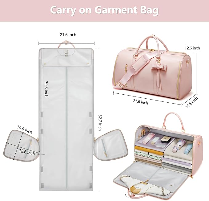 Garment Bags for Travel, Convertible Suit Travel Bag for Women, Fashion & Cute Carry On Garment Bag w/Shoes Pouch, 2 in 1 Foldable PU Leather Hanging Duffle Bag, Single-Zipper Design, Pink - Image 3